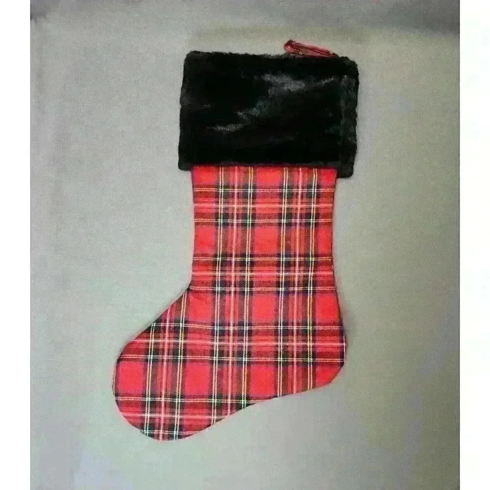 Monogram Initial Letter T Red Plaid & Faux Fur Christmas Stocking 19" Holiday - Picture 2 of 3